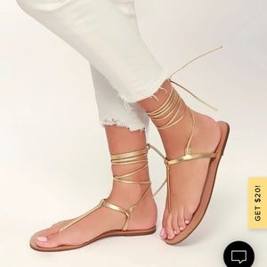 Lulus Camren Gold Leather Lace-Up Thong Sandals